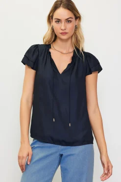SKIES ARE BLUE Short Sleeve Tops*Satin Ruffled Detail Top Navy