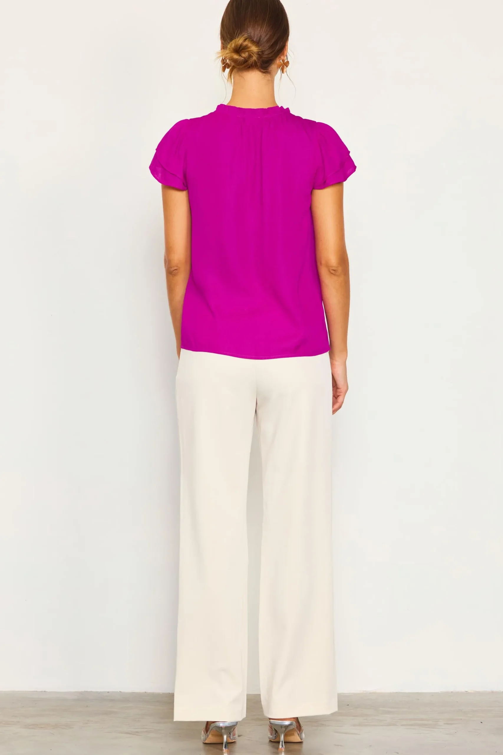 SKIES ARE BLUE Short Sleeve Tops*Satin Ruffled Detail Top Orchid