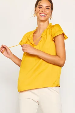 SKIES ARE BLUE Short Sleeve Tops*Satin Ruffled Detail Top Marigold