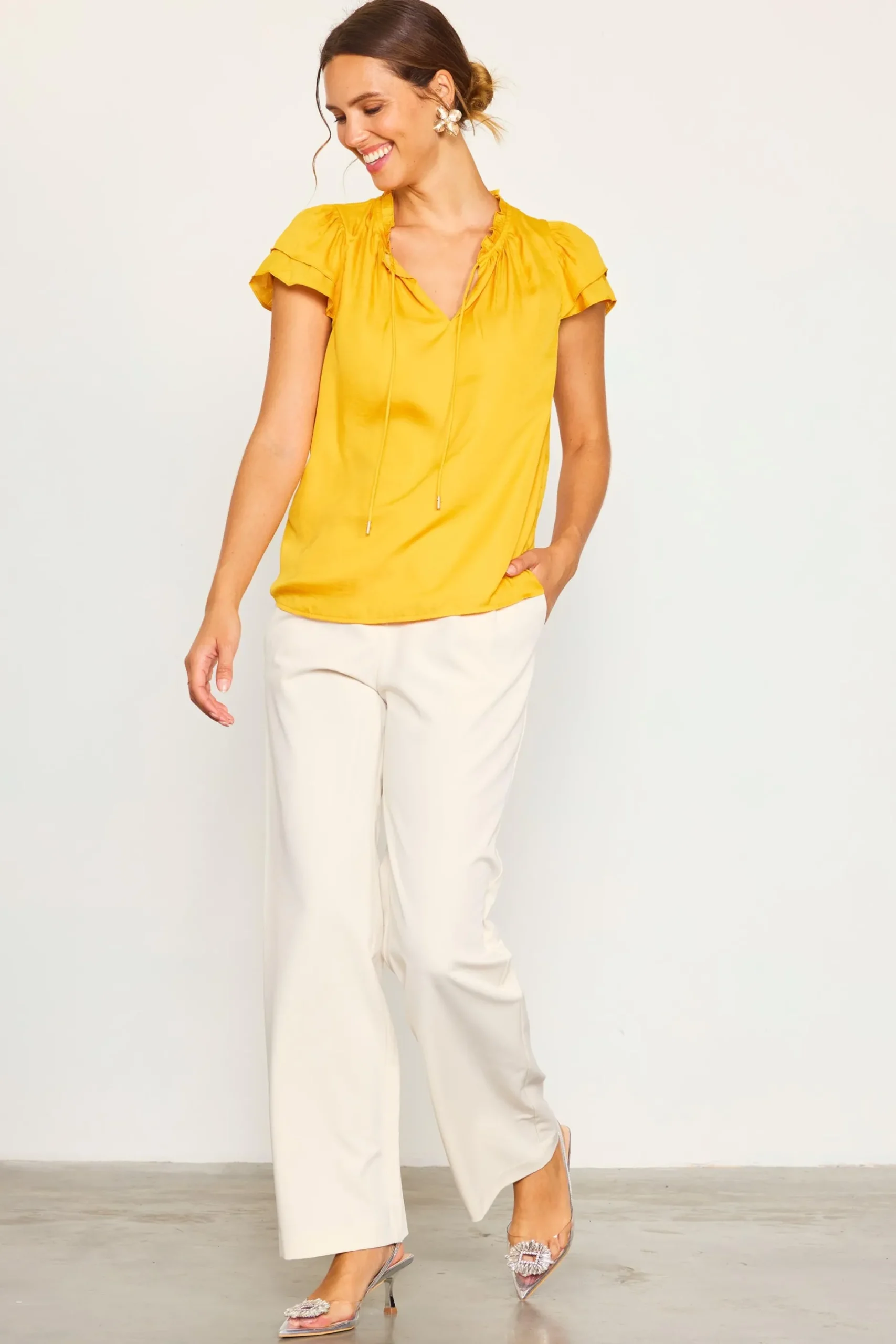 SKIES ARE BLUE Short Sleeve Tops*Satin Ruffled Detail Top Marigold
