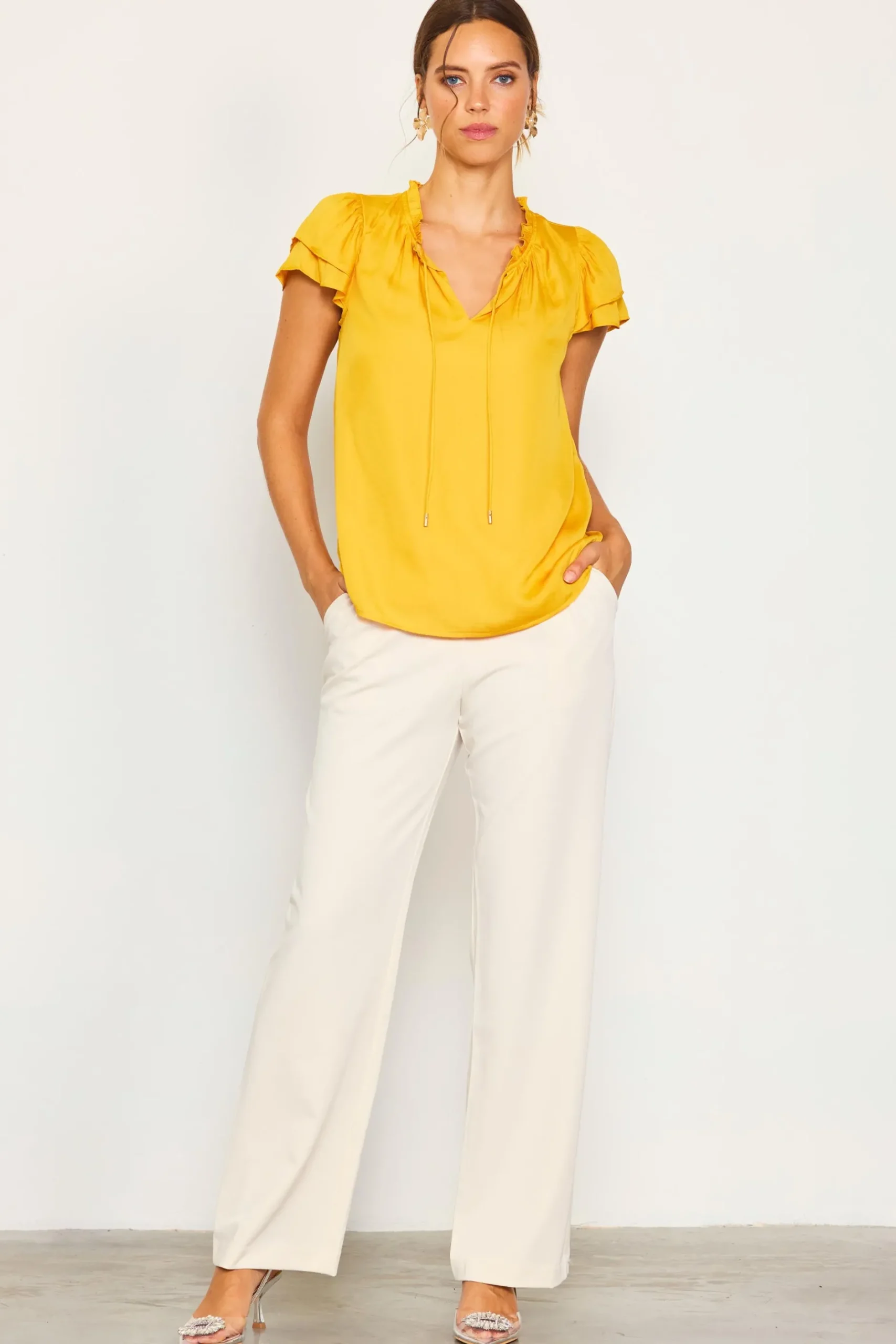 SKIES ARE BLUE Short Sleeve Tops*Satin Ruffled Detail Top Marigold
