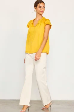SKIES ARE BLUE Short Sleeve Tops*Satin Ruffled Detail Top Marigold