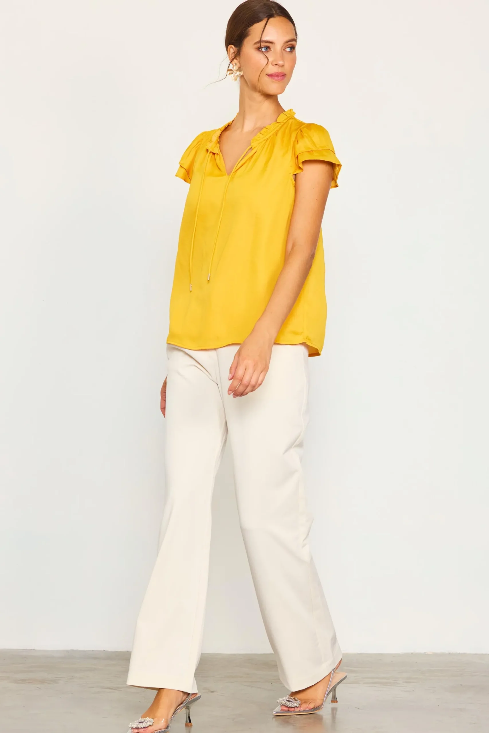 SKIES ARE BLUE Short Sleeve Tops*Satin Ruffled Detail Top Marigold