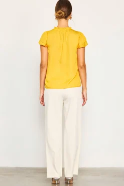 SKIES ARE BLUE Short Sleeve Tops*Satin Ruffled Detail Top Marigold