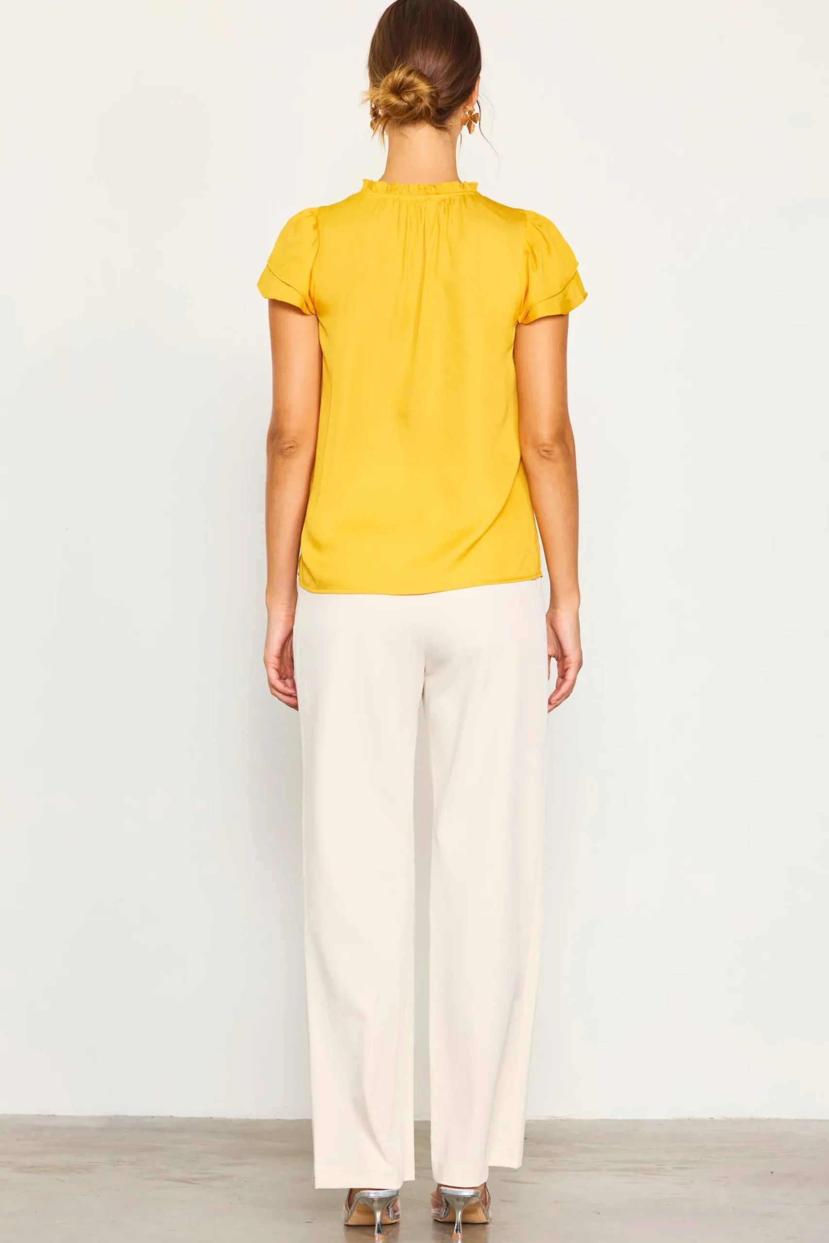 SKIES ARE BLUE Short Sleeve Tops*Satin Ruffled Detail Top Marigold