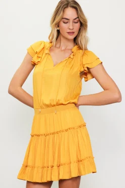 SKIES ARE BLUE Mini Dresses*Satin Ruffled Sleeve Mini Dress Marigold