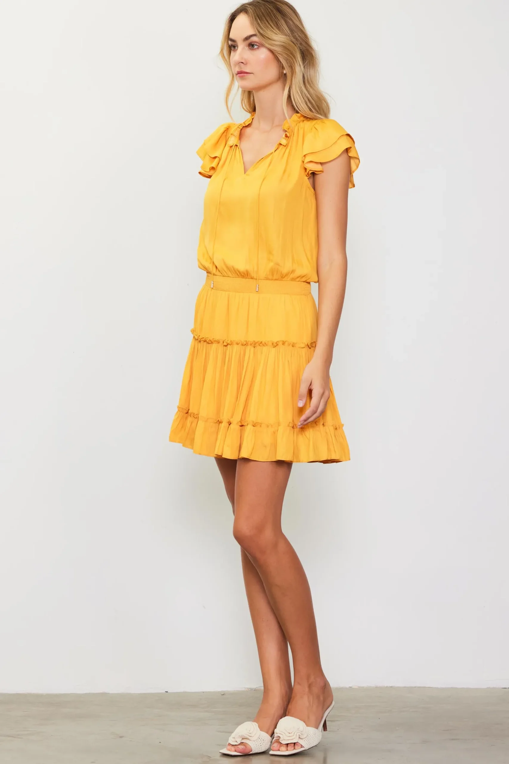 SKIES ARE BLUE Mini Dresses*Satin Ruffled Sleeve Mini Dress Marigold