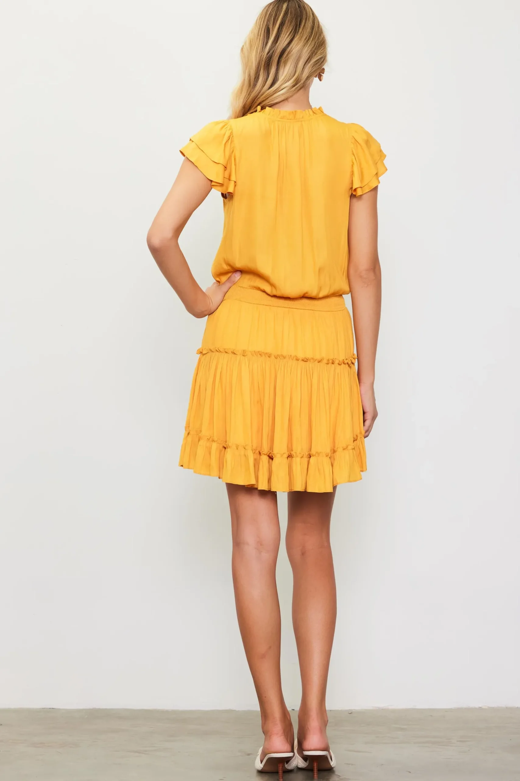 SKIES ARE BLUE Mini Dresses*Satin Ruffled Sleeve Mini Dress Marigold