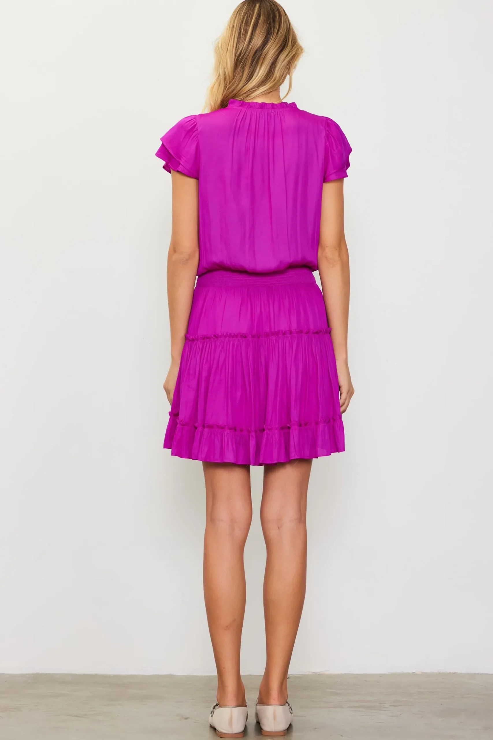 SKIES ARE BLUE Mini Dresses*Satin Ruffled Sleeve Mini Dress Orchid