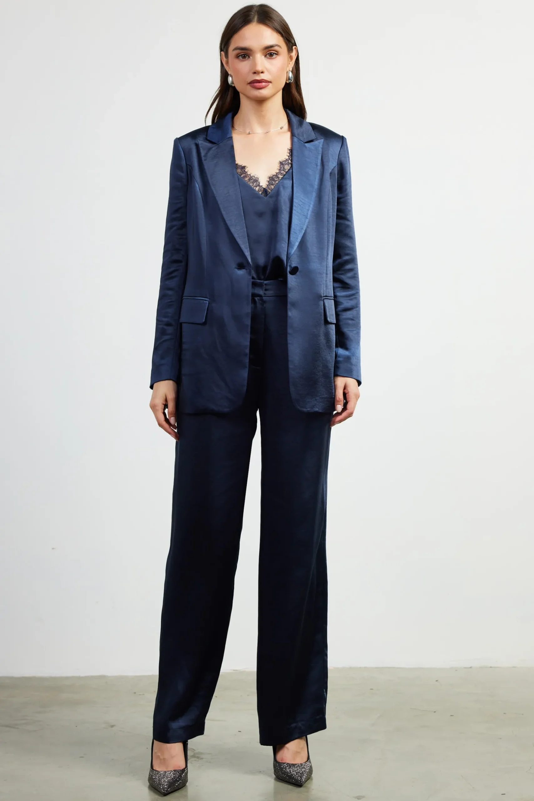 SKIES ARE BLUE Blazers*Satin Tailored Blazer Navy