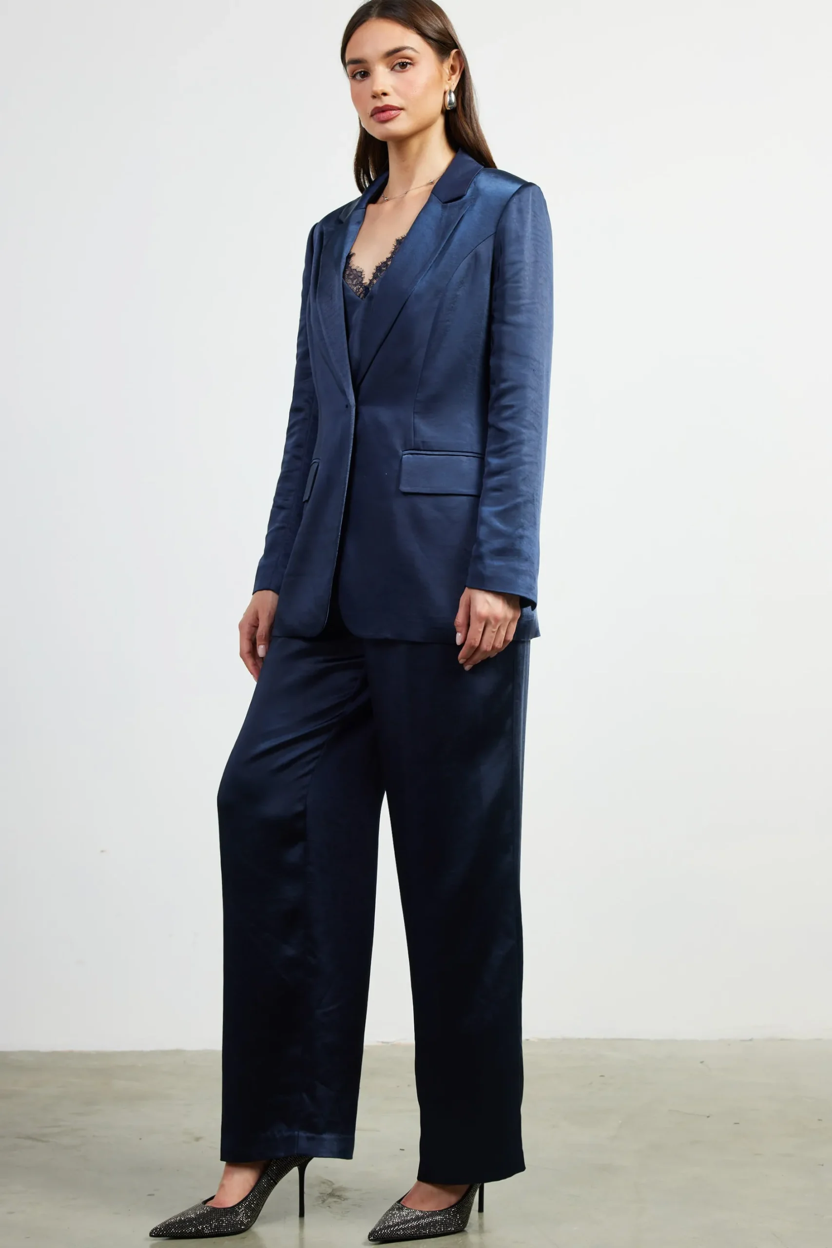 SKIES ARE BLUE Blazers*Satin Tailored Blazer Navy