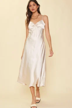 SKIES ARE BLUE Midi Dresses*Satin Tie Front Slip Dress Champagne