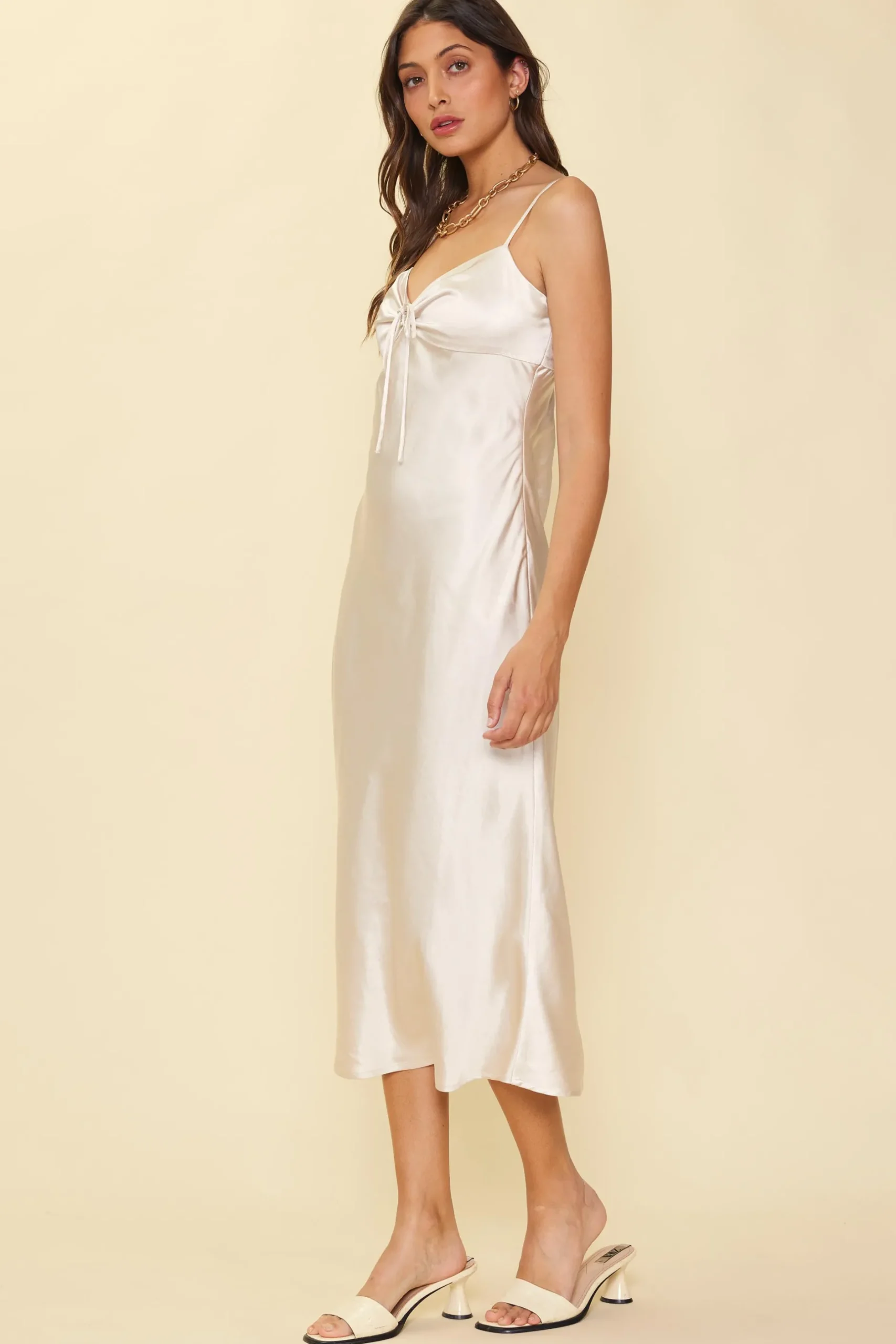 SKIES ARE BLUE Midi Dresses*Satin Tie Front Slip Dress Champagne