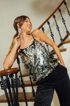 SKIES ARE BLUE Sleeveless Tops*Sequin Cami Top Silver