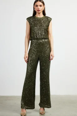 SKIES ARE BLUE Pants*Sequin Flared Pants Olive