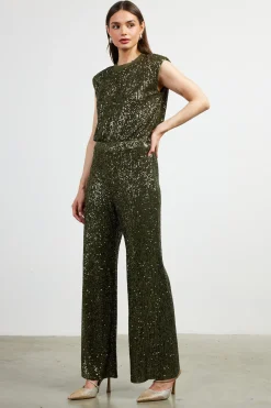 SKIES ARE BLUE Pants*Sequin Flared Pants Olive