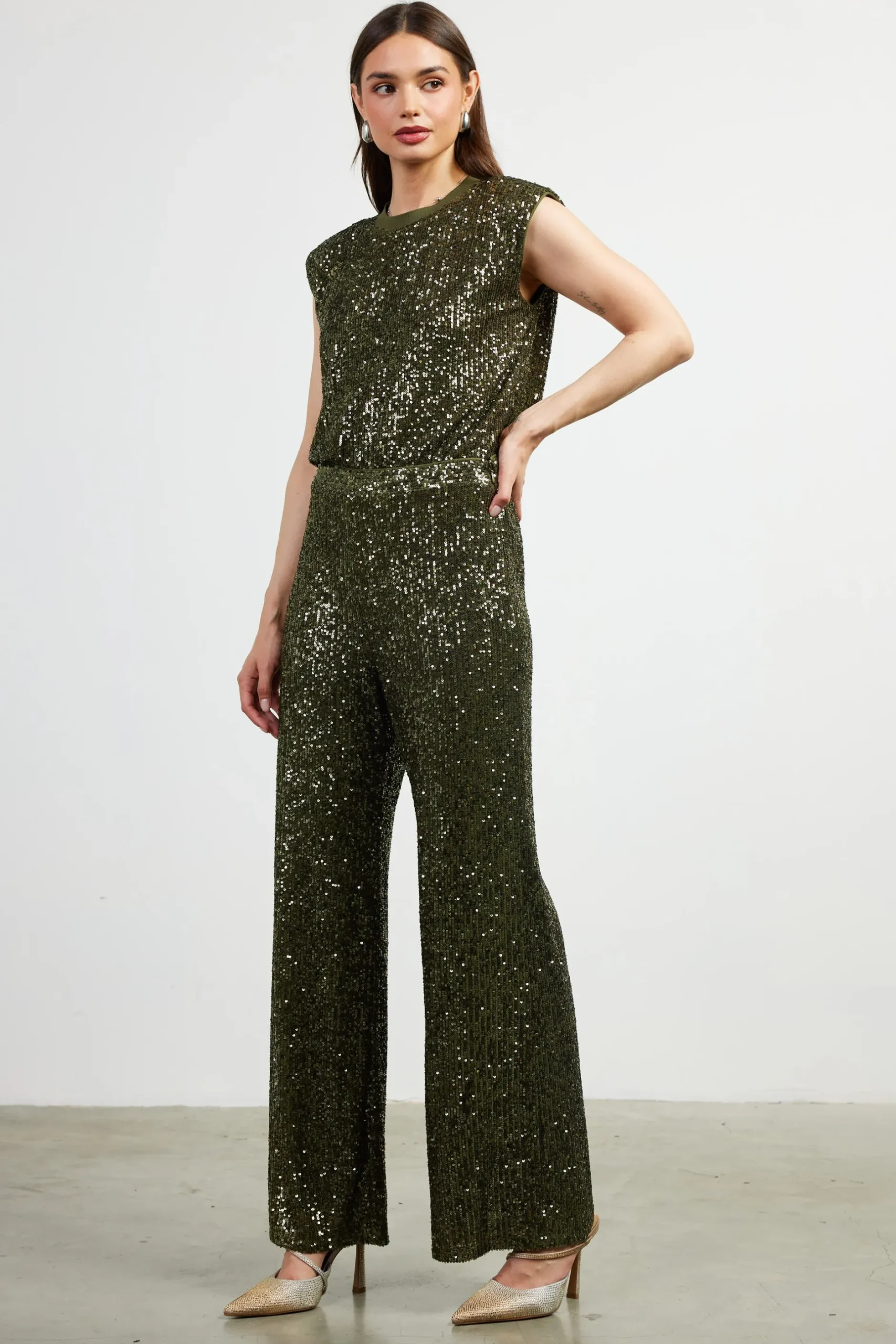 SKIES ARE BLUE Pants*Sequin Flared Pants Olive