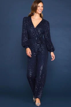 SKIES ARE BLUE Jumpsuits*Sequin Wrap Jumpsuit Navy
