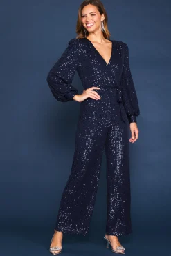 SKIES ARE BLUE Jumpsuits*Sequin Wrap Jumpsuit Navy