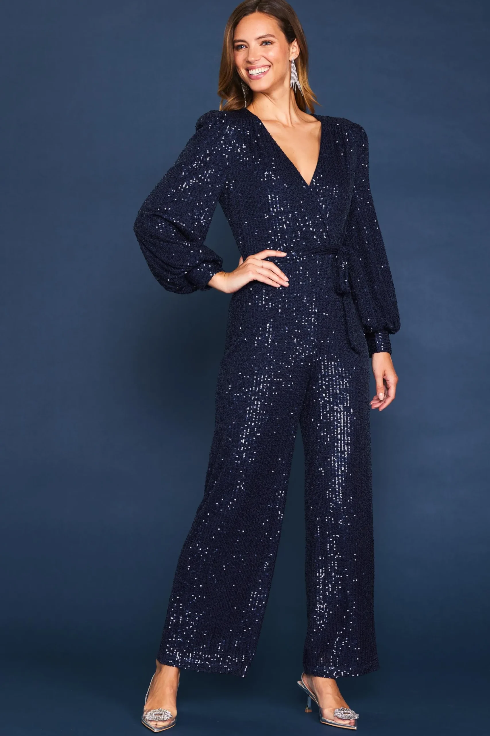 SKIES ARE BLUE Jumpsuits*Sequin Wrap Jumpsuit Navy