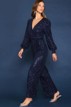 SKIES ARE BLUE Jumpsuits*Sequin Wrap Jumpsuit Navy