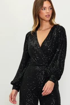 SKIES ARE BLUE Jumpsuits*Sequin Wrap Jumpsuit Black