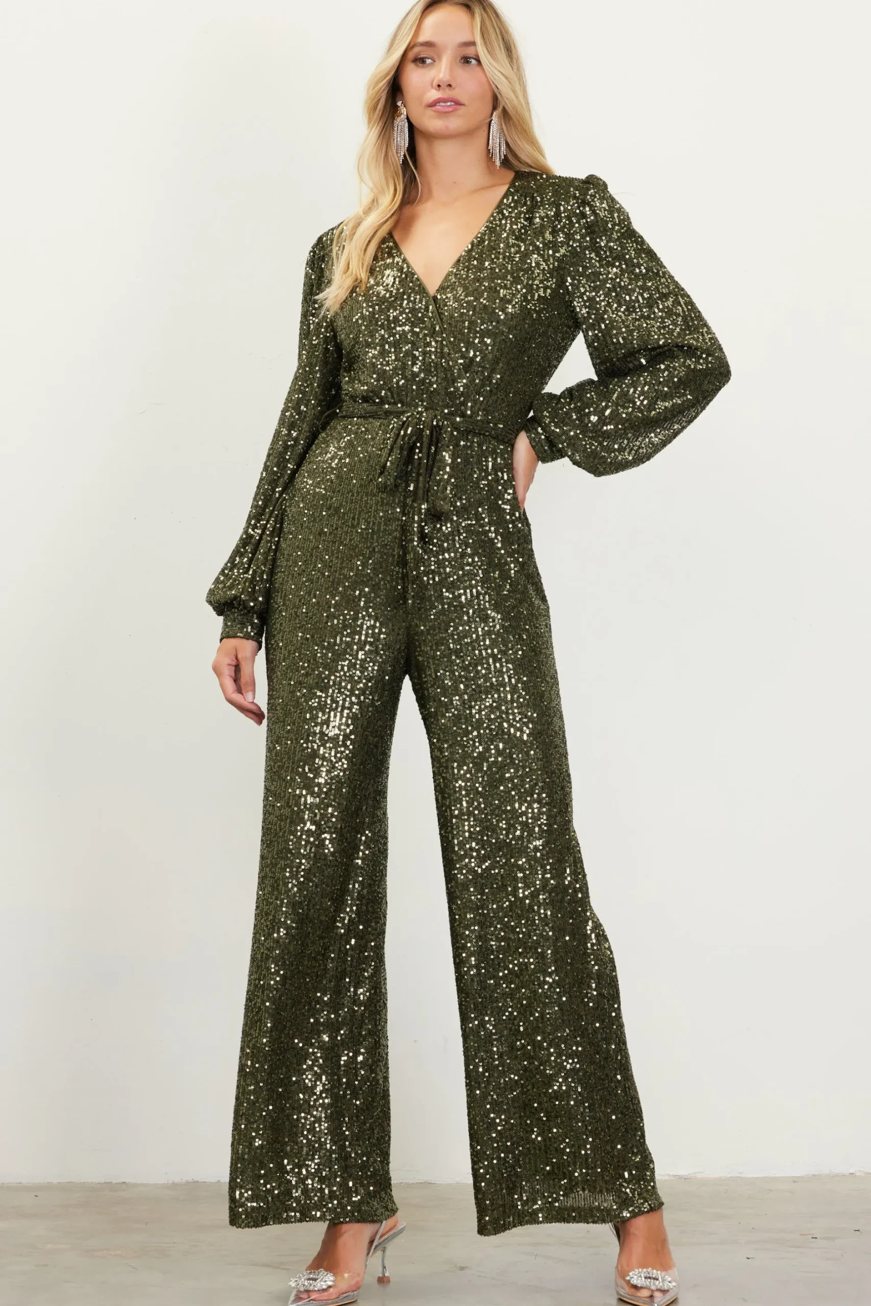 SKIES ARE BLUE Jumpsuits*Sequin Wrap Jumpsuit Olive