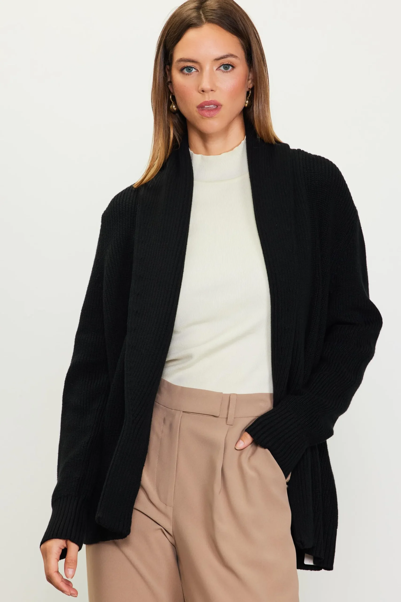 SKIES ARE BLUE Long Sleeve Tops|Sweaters*Shawl Collar Sweater Cardigan Black