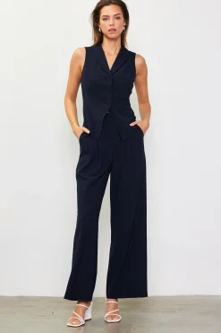 SKIES ARE BLUE Sleeveless Tops*Shawl-Collar Tailored Vest Navy