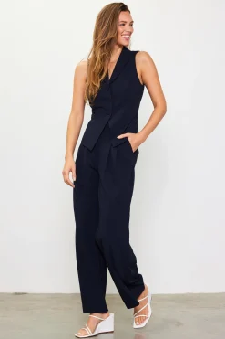 SKIES ARE BLUE Sleeveless Tops*Shawl-Collar Tailored Vest Navy