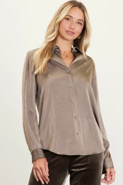 SKIES ARE BLUE Blouses|Long Sleeve Tops*Shimmery Button Down Blouse Olive