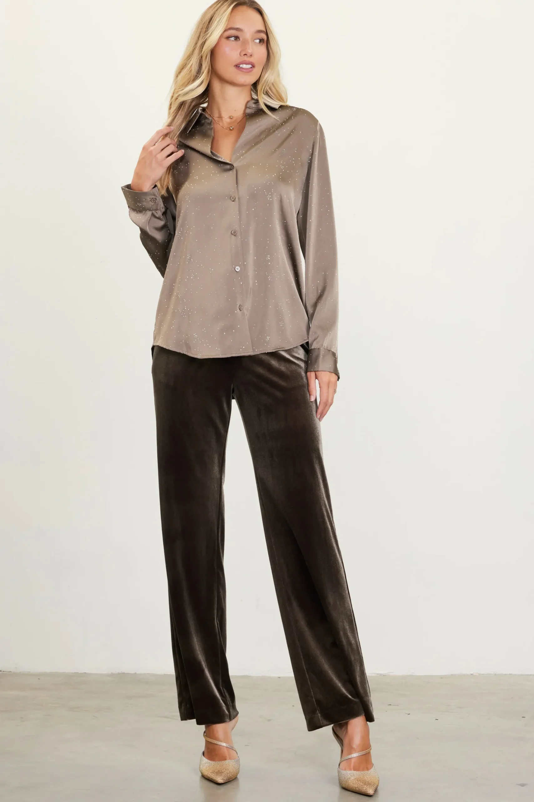 SKIES ARE BLUE Blouses|Long Sleeve Tops*Shimmery Button Down Blouse Olive