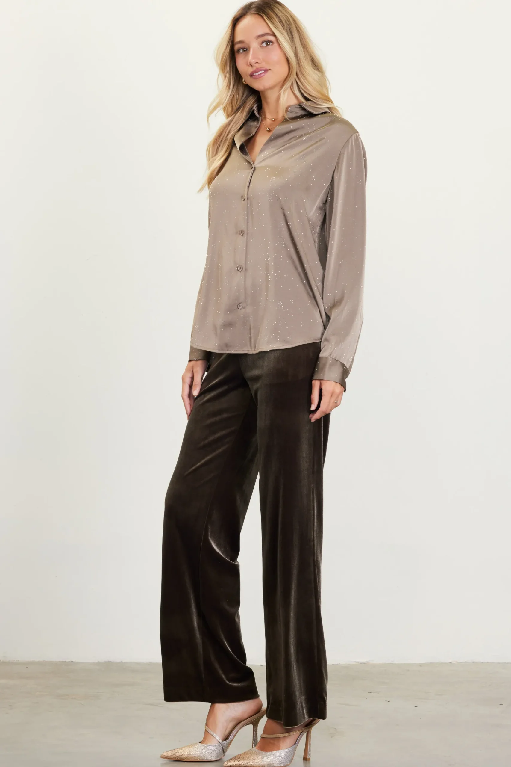 SKIES ARE BLUE Blouses|Long Sleeve Tops*Shimmery Button Down Blouse Olive
