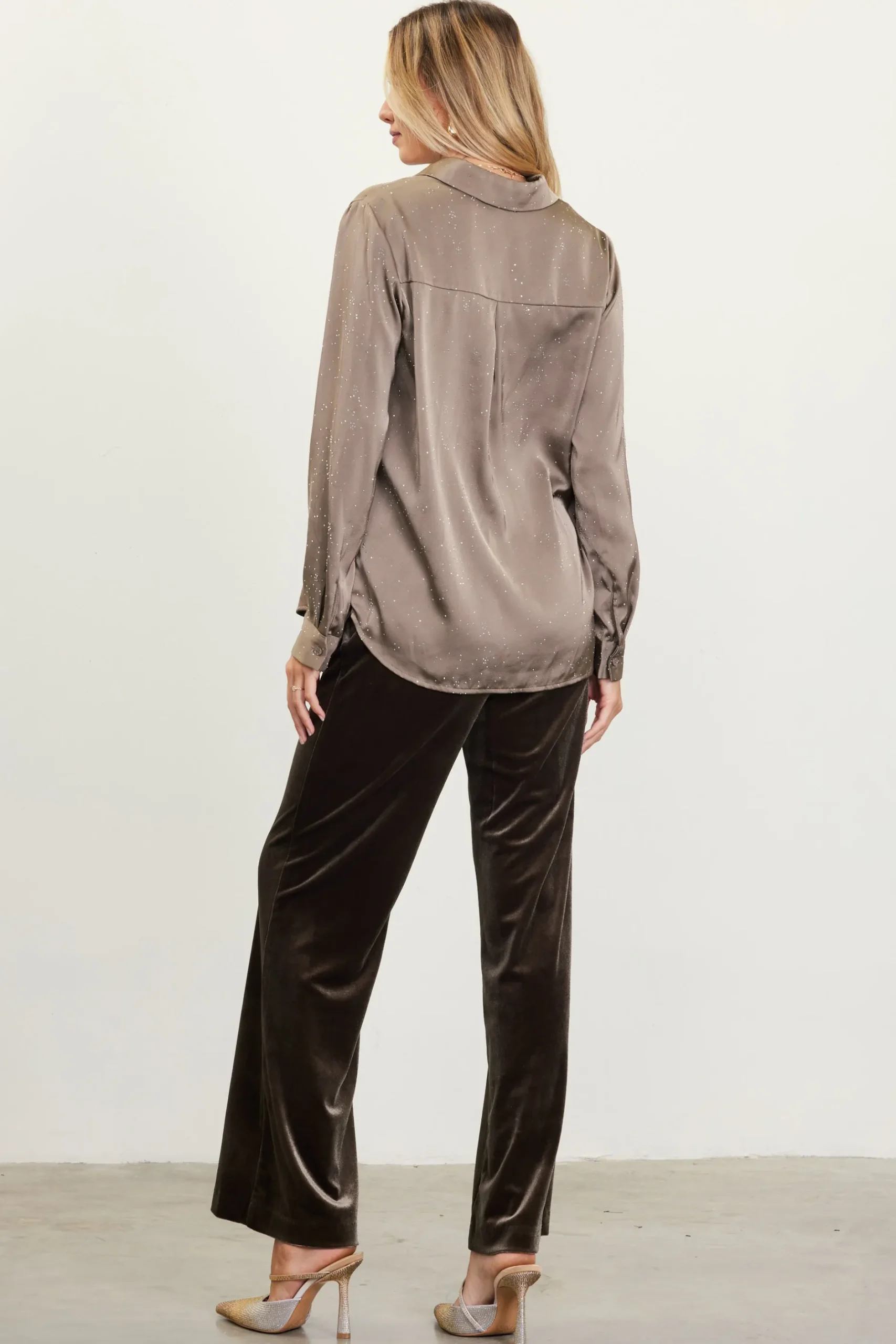 SKIES ARE BLUE Blouses|Long Sleeve Tops*Shimmery Button Down Blouse Olive