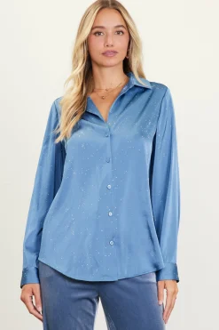 SKIES ARE BLUE Long Sleeve Tops*Shimmery Button Down Blouse Dustyblue