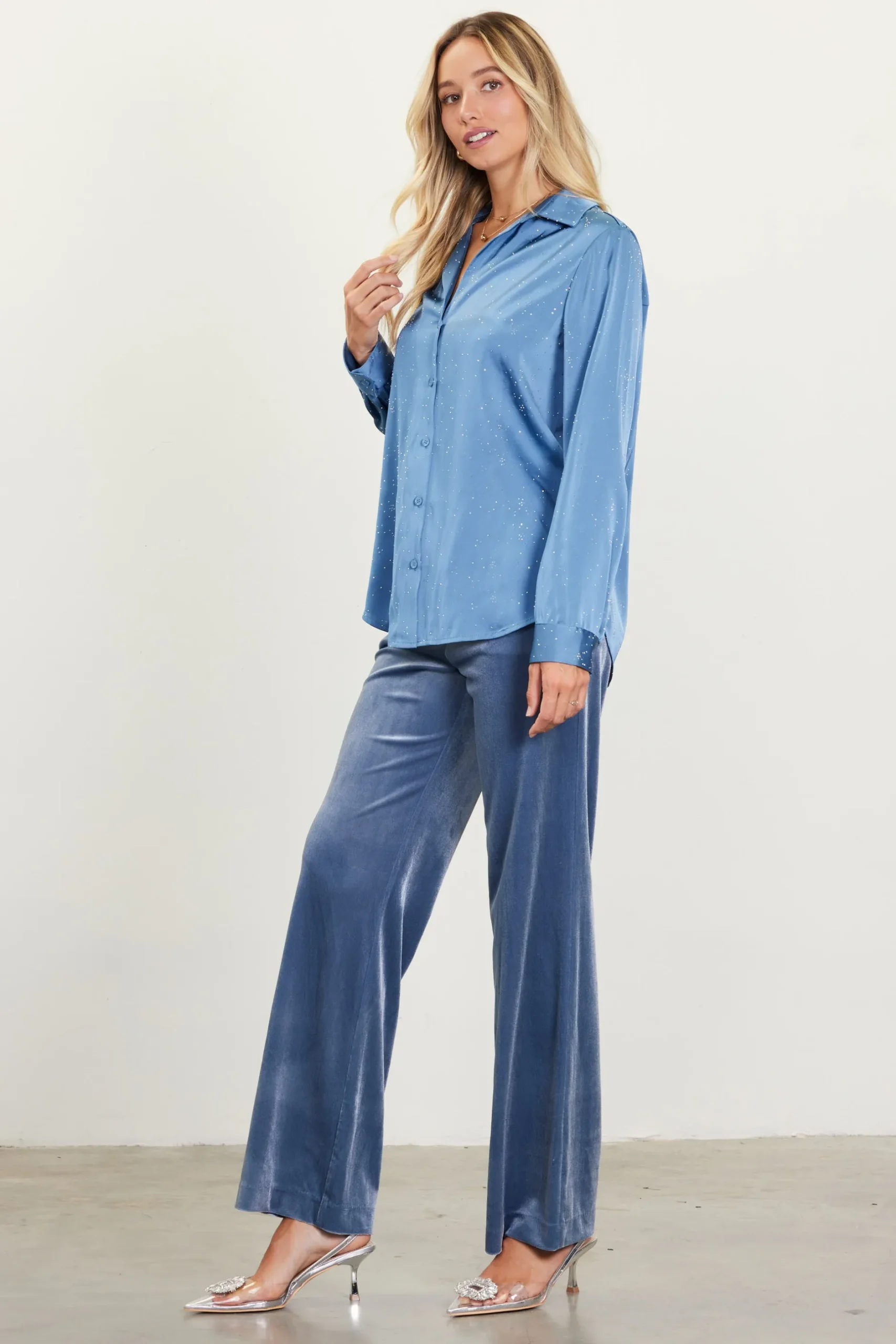 SKIES ARE BLUE Long Sleeve Tops*Shimmery Button Down Blouse Dustyblue