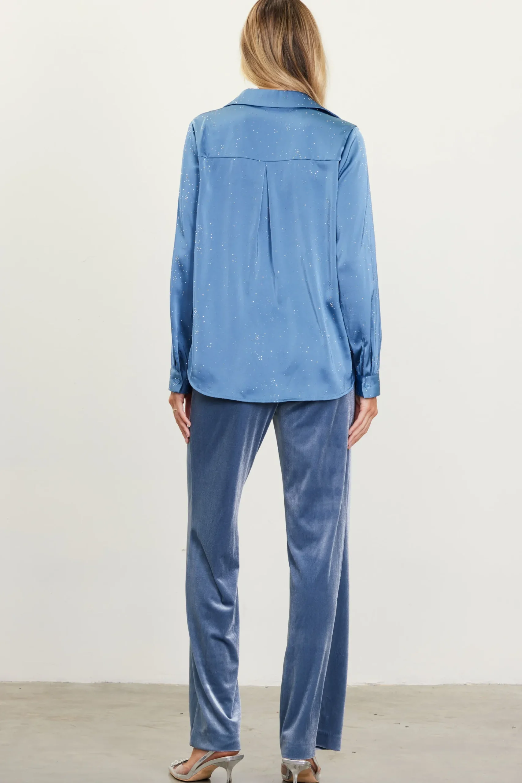 SKIES ARE BLUE Long Sleeve Tops*Shimmery Button Down Blouse Dustyblue