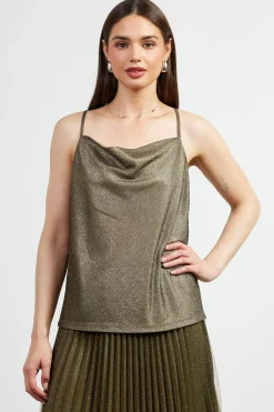SKIES ARE BLUE Sleeveless Tops*Shimmery Cowl Neck Cami Olive