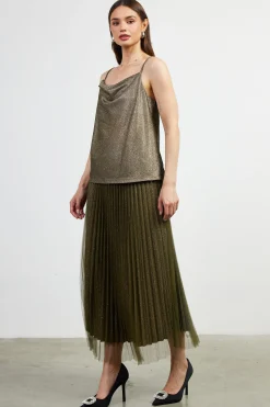 SKIES ARE BLUE Sleeveless Tops*Shimmery Cowl Neck Cami Olive
