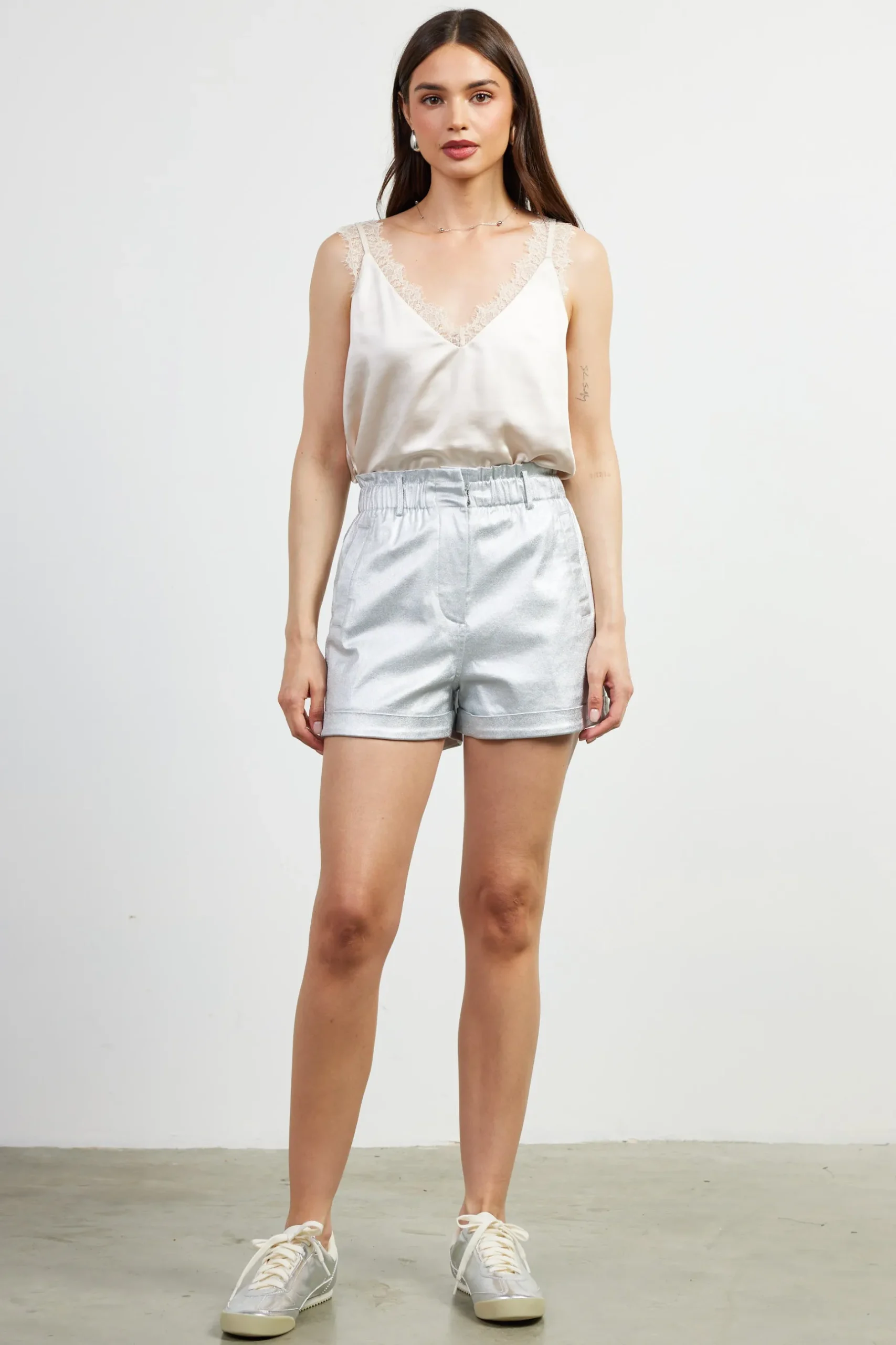 SKIES ARE BLUE Shorts*Shimmery Paperbag Shorts Silver