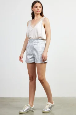 SKIES ARE BLUE Shorts*Shimmery Paperbag Shorts Silver