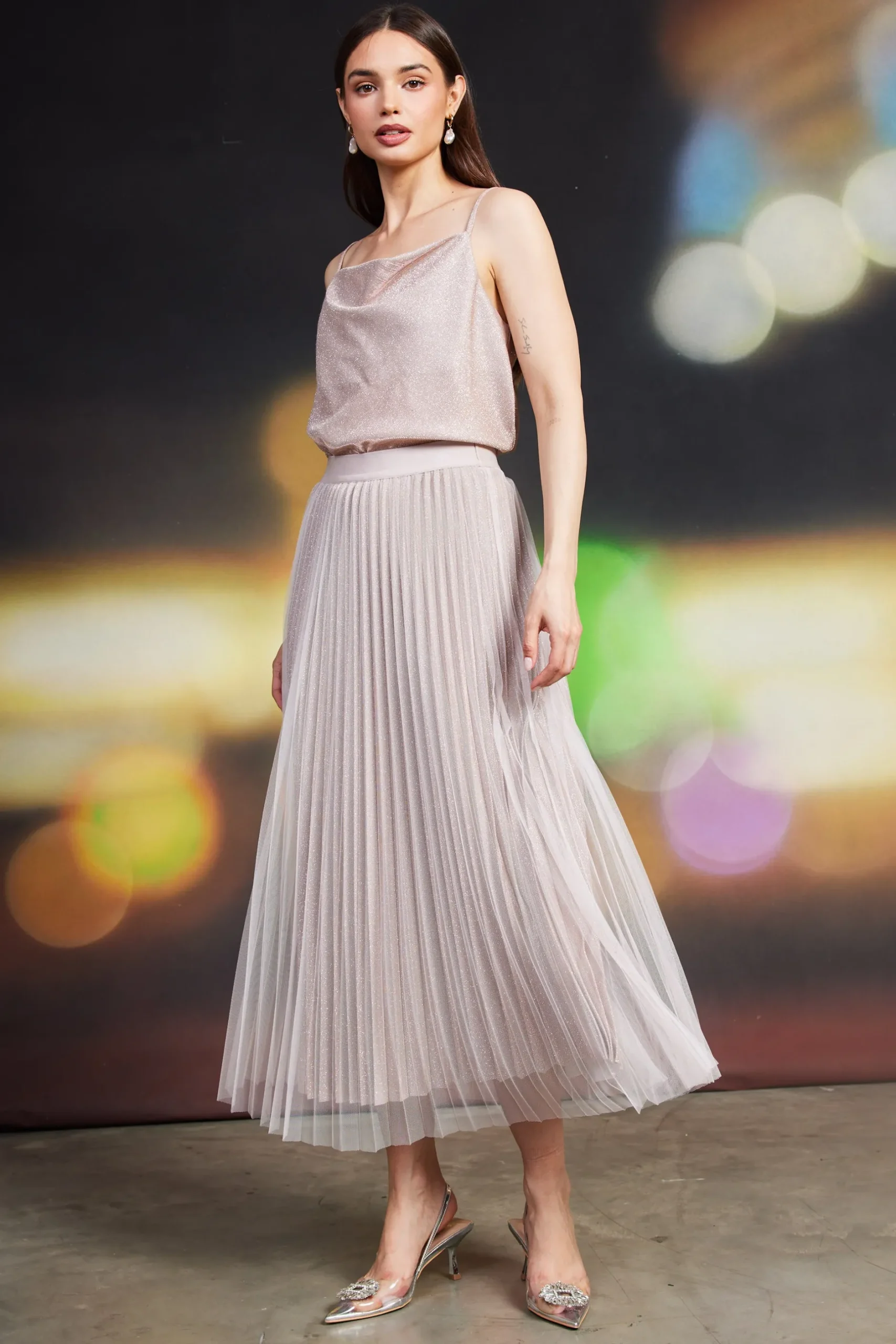 SKIES ARE BLUE Skirts*Shimmery Pleated Midi Skirt Blush