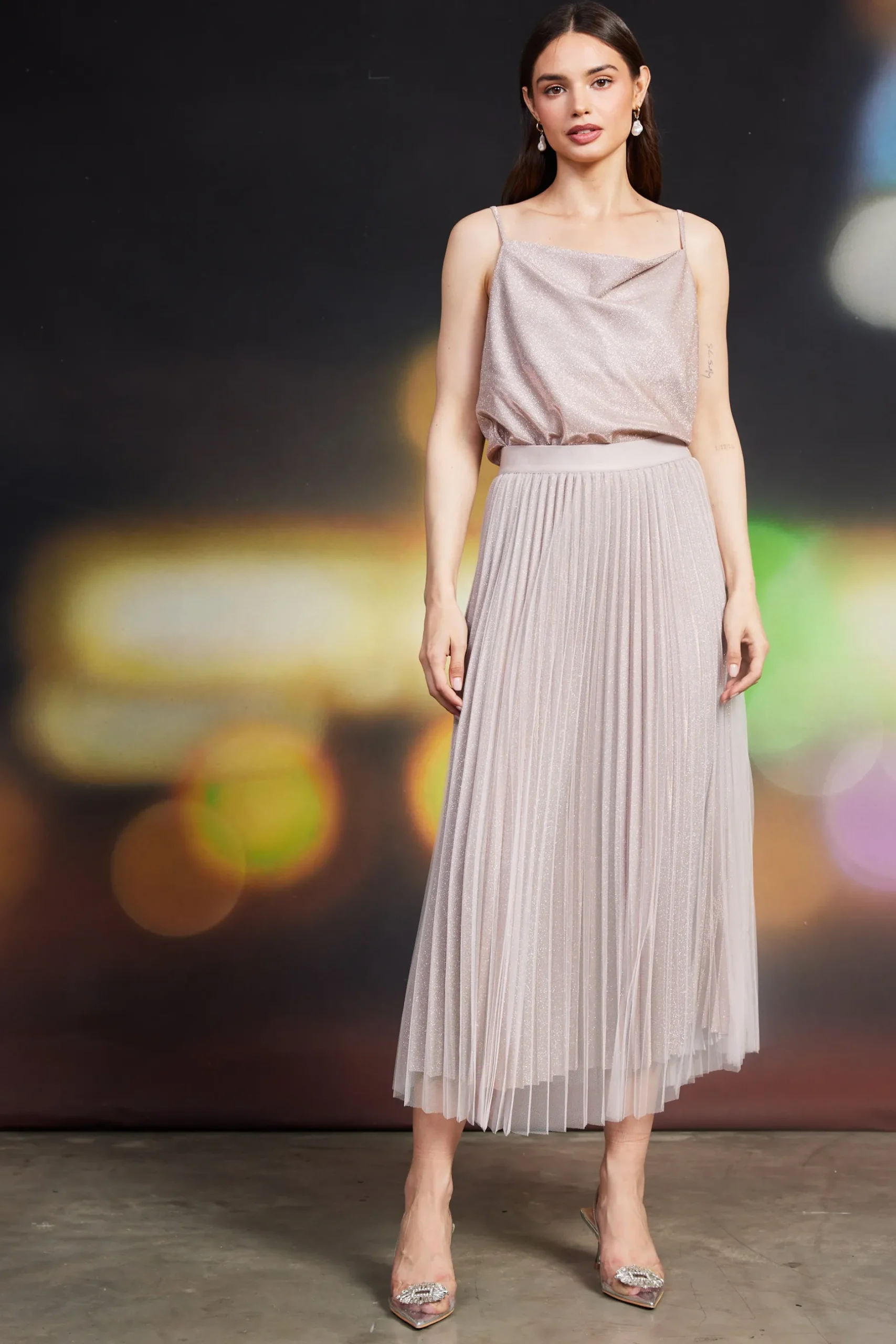 SKIES ARE BLUE Skirts*Shimmery Pleated Midi Skirt Blush