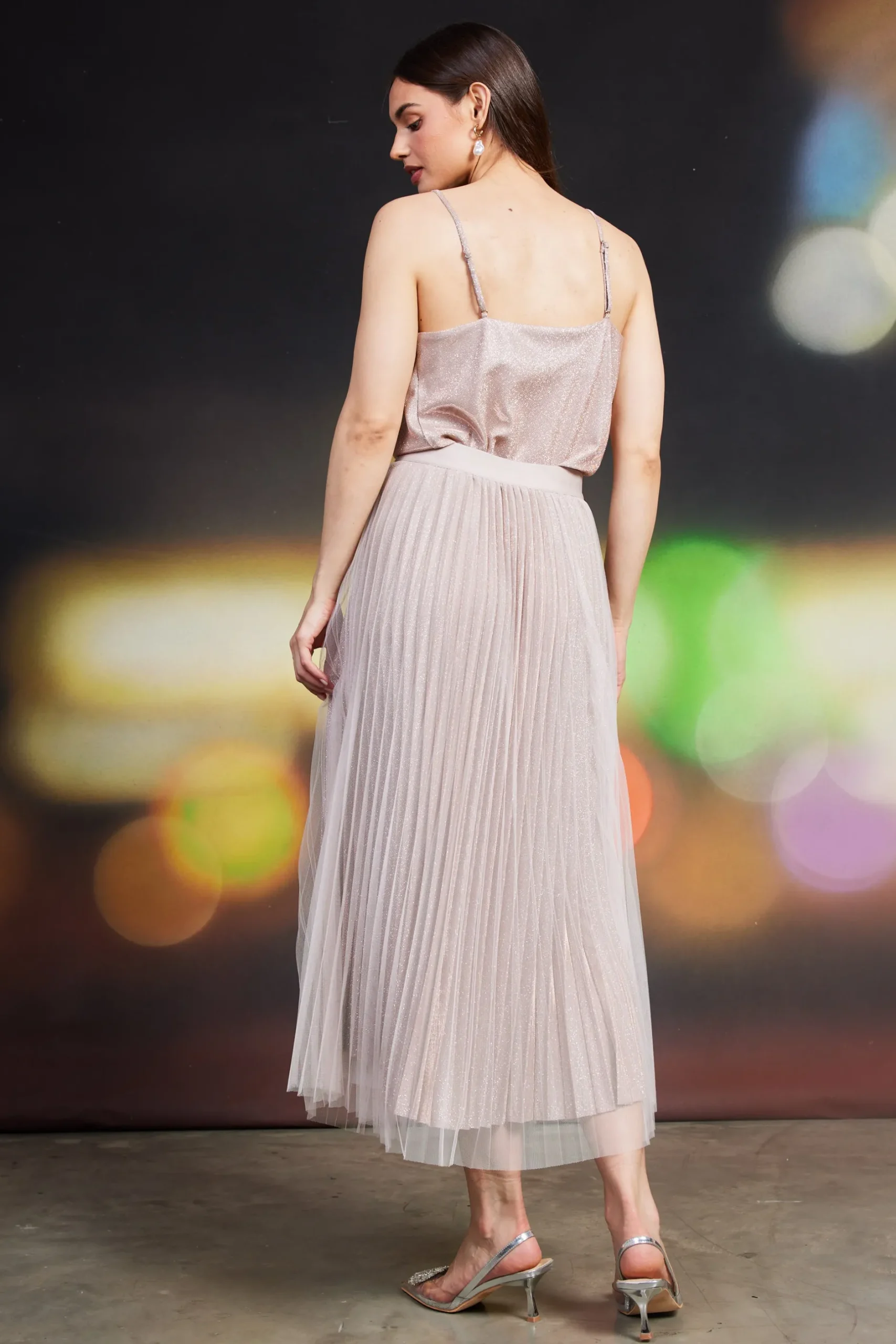 SKIES ARE BLUE Skirts*Shimmery Pleated Midi Skirt Blush