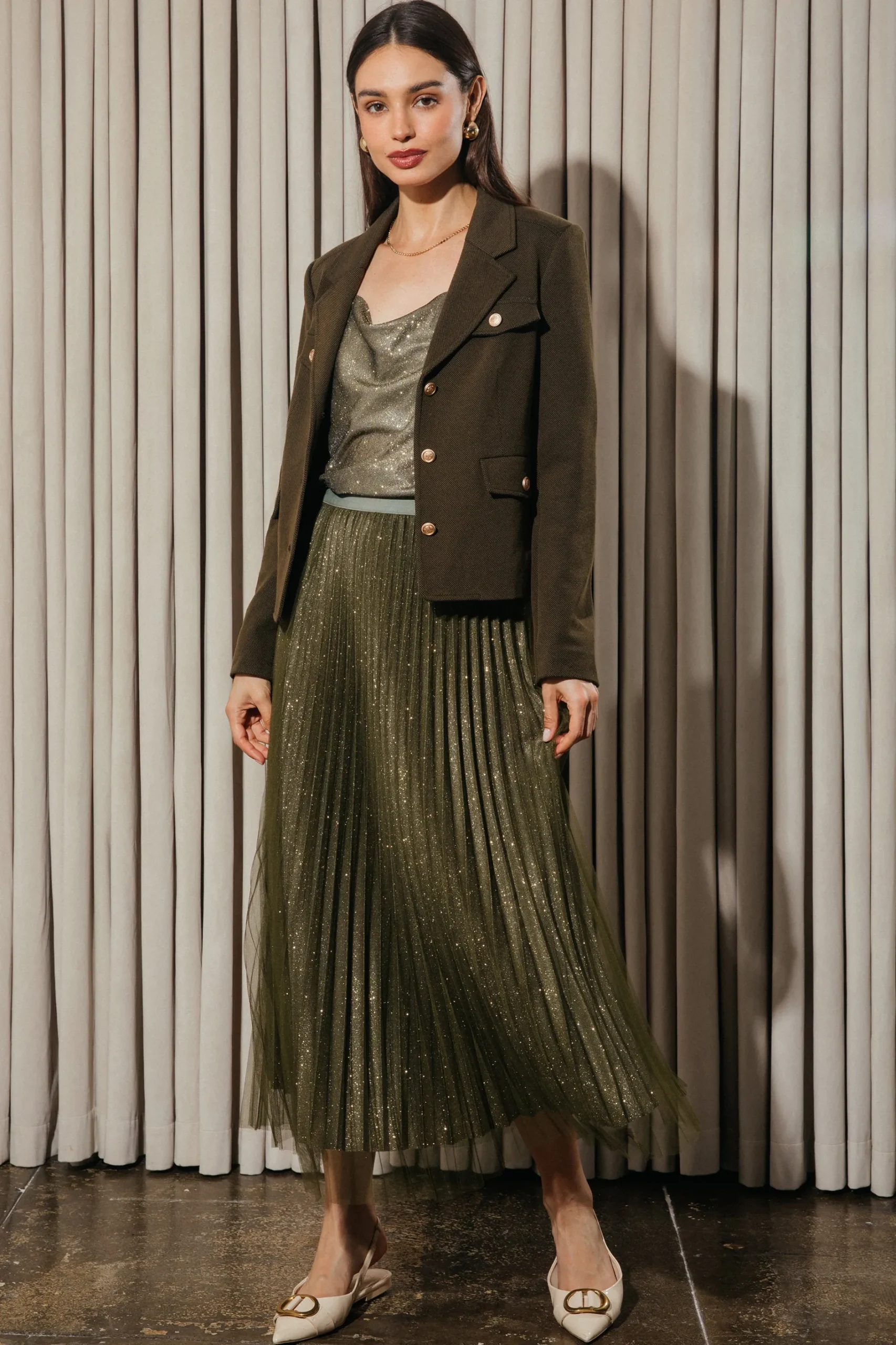 SKIES ARE BLUE Skirts*Shimmery Pleated Midi Skirt Olive