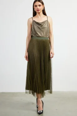 SKIES ARE BLUE Skirts*Shimmery Pleated Midi Skirt Olive