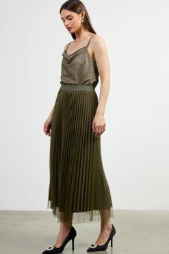 SKIES ARE BLUE Skirts*Shimmery Pleated Midi Skirt Olive