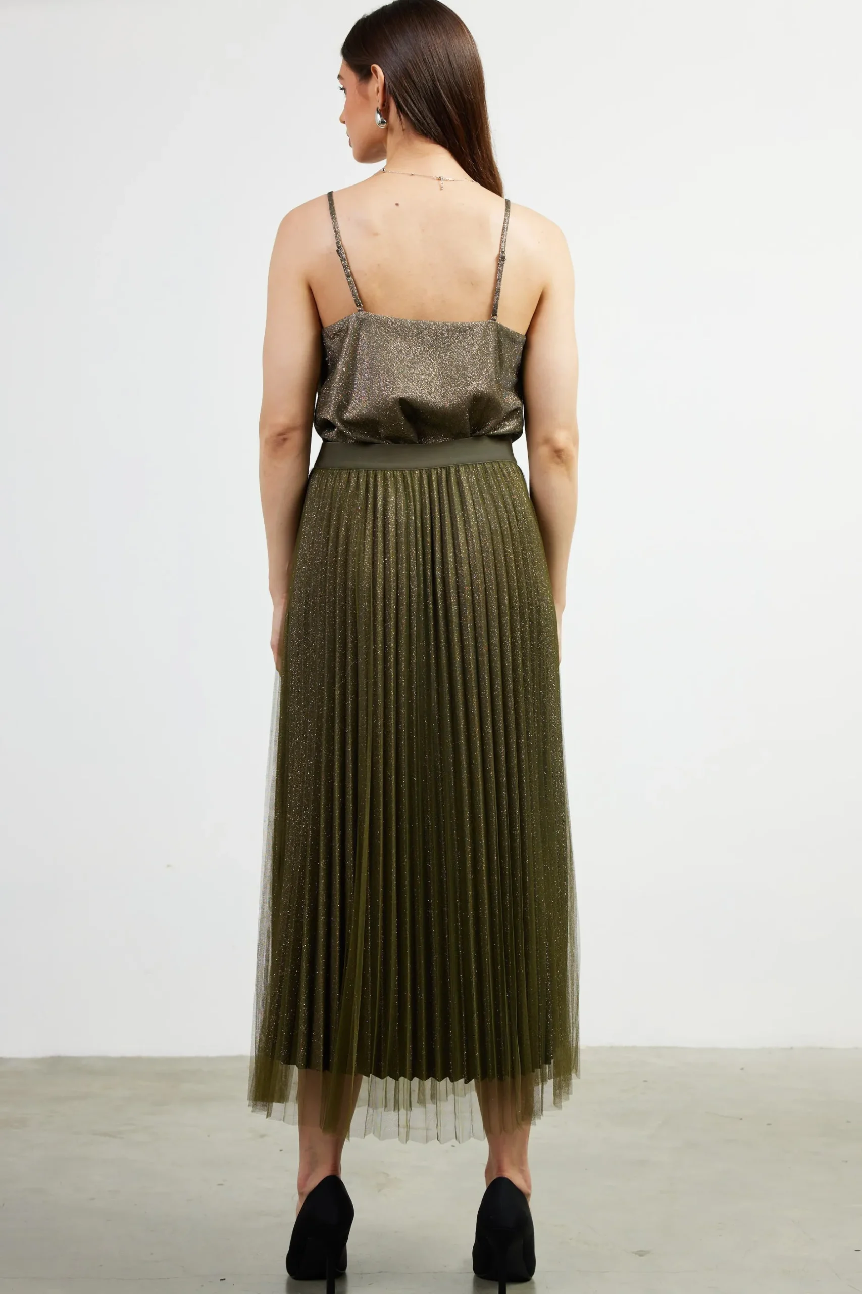 SKIES ARE BLUE Skirts*Shimmery Pleated Midi Skirt Olive