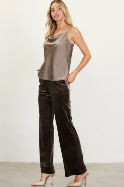 SKIES ARE BLUE Sleeveless Tops*Shimmery Satin Cowl Neck Cami Olive