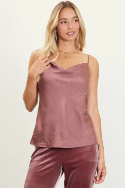 SKIES ARE BLUE Sleeveless Tops*Shimmery Satin Cowl Neck Cami Mauve
